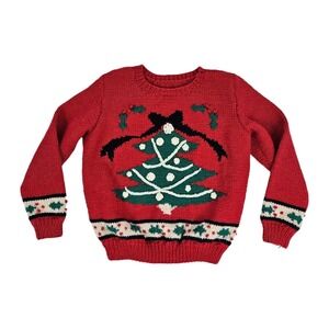 Vintage Christmas Tree Sweater Women's Medium Red Holiday Handmade Knit